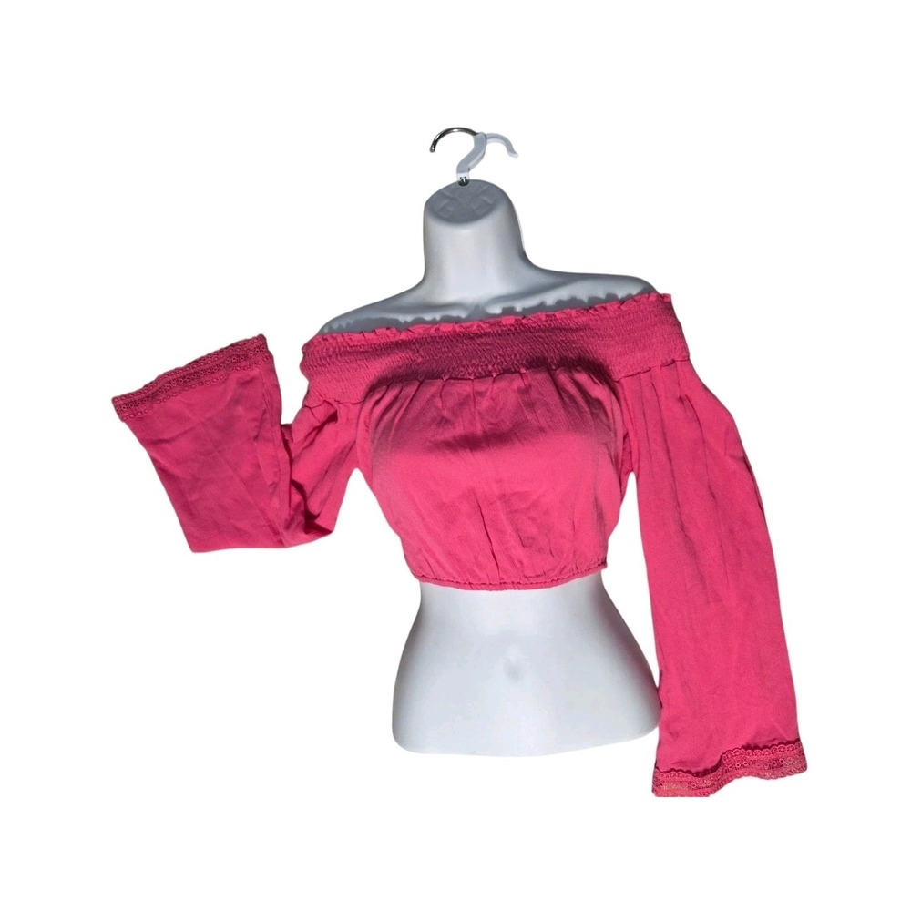 Pink Off Shoulder Smocked Long‎ Sleeve Peasant Crop Top L NWT Fashion Nova